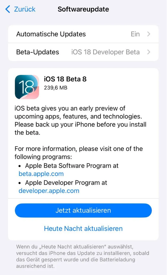 吴堡苹果手机维修分享苹果 iOS / iPadOS 18 开发者预览版 Beta 8 发布 